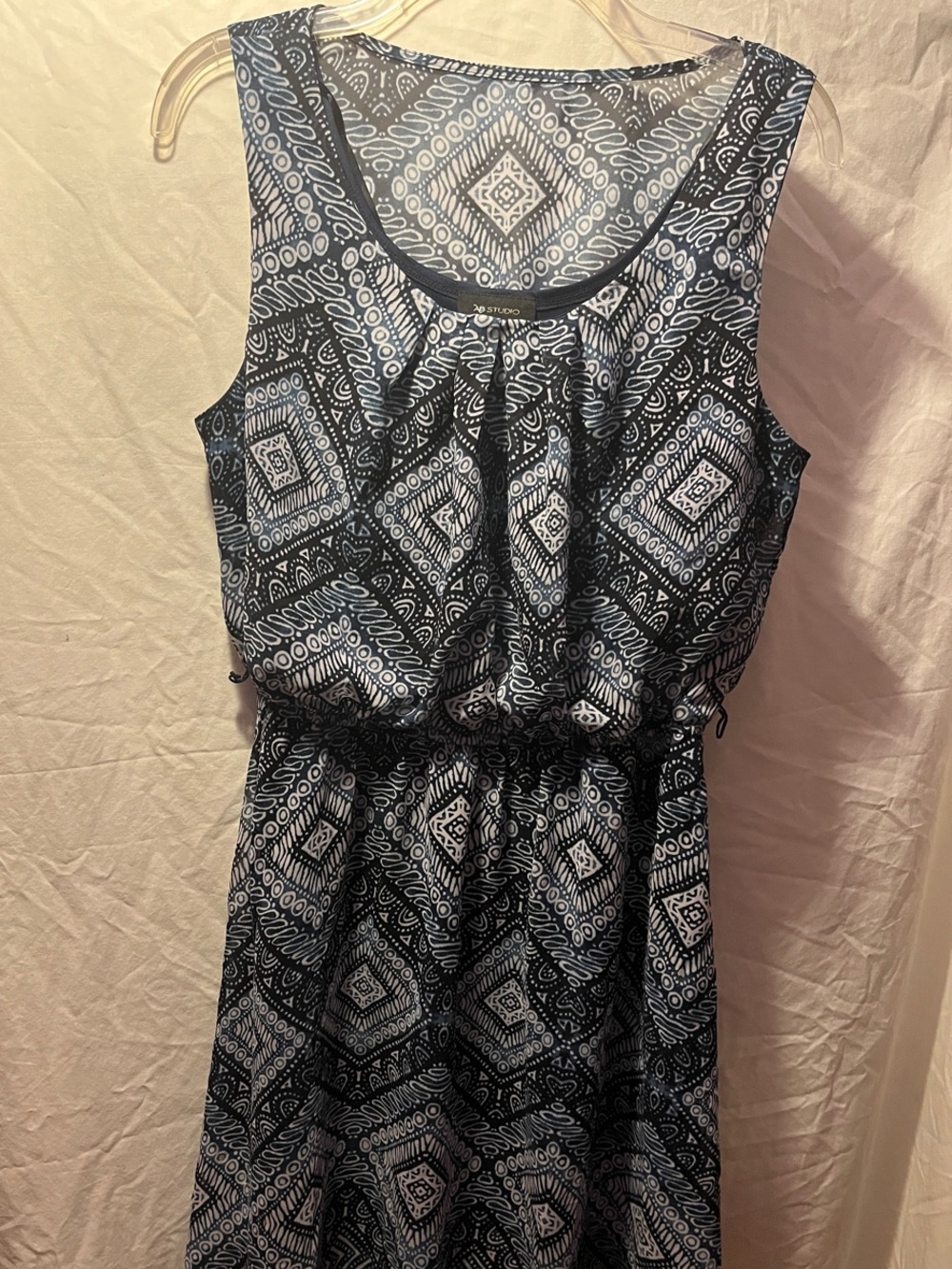 Sleeveless Blue & White Geometric Elastic-Waist Mini Dress by No Brand